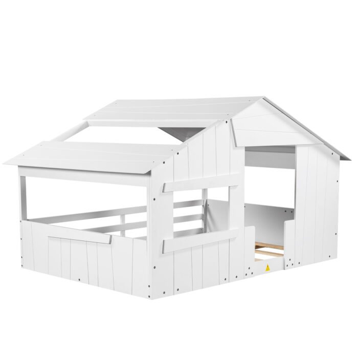 Wood Full Size House Bed with Roof, Window and Guardrail White - Image 5