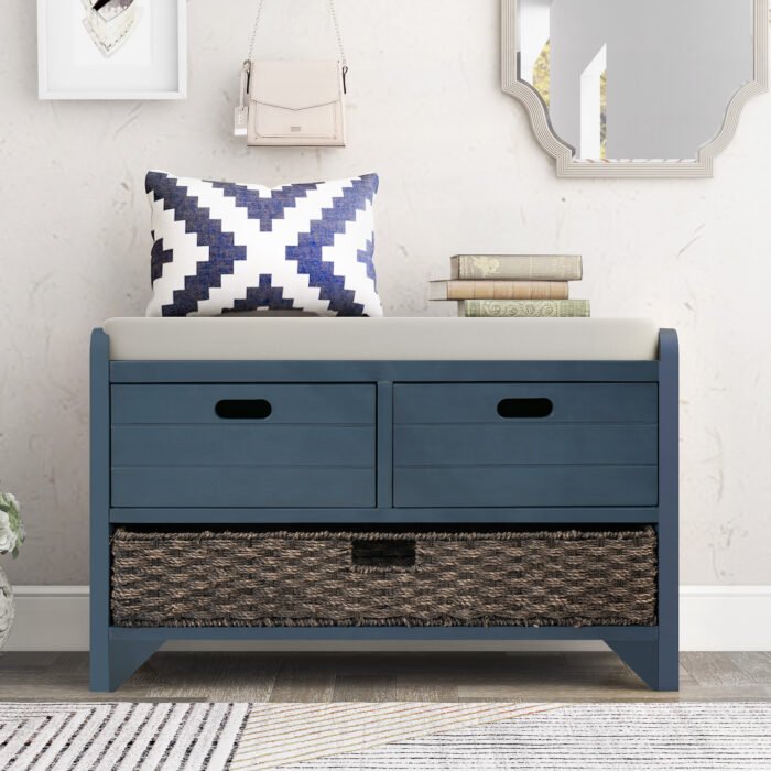 Storage Bench with Cushion, Removable Basket and 2 Drawers - Image 3