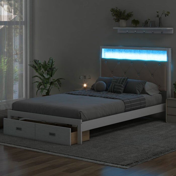 Wooden Full Size Platform Bed with Upholstered Headboard and LED - Image 13