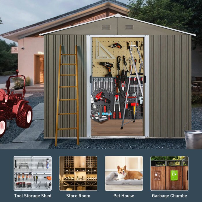 Outdoor Metal Storage Shed with Floor Base Gray (8ft x 10ft) - Image 4