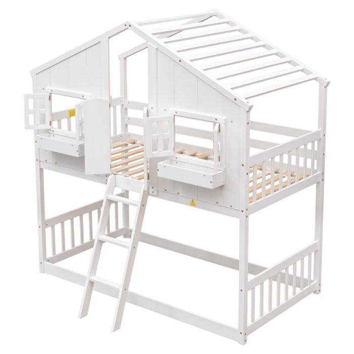 Twin over Twin House Bunk Bed with Roof and Window snd Safety Guardrails and Ladder - Image 3