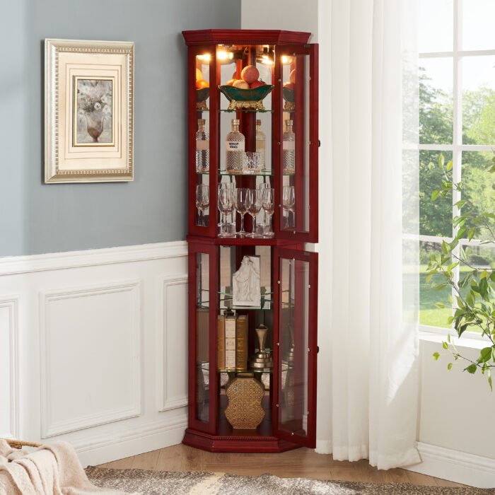 Corner Curio cabinet with illuminated tempered glass and adjustable brackets - Image 9
