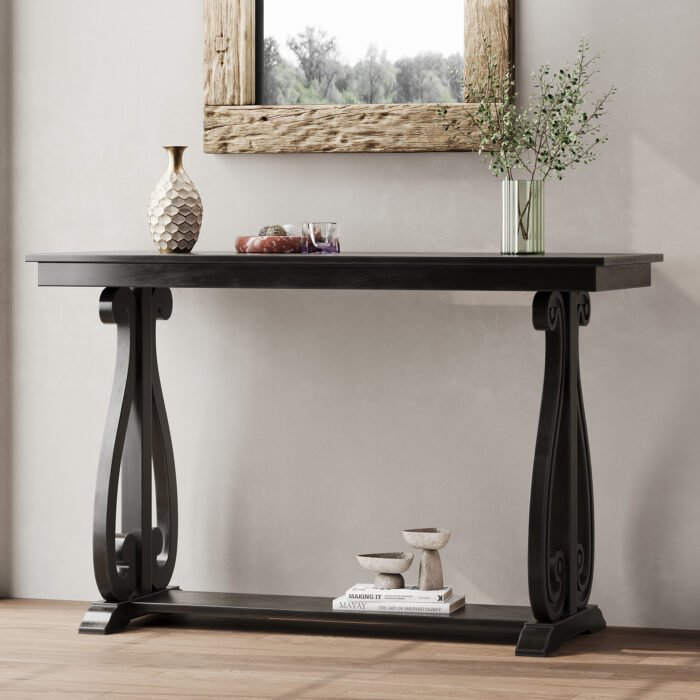 Farmhouse Style Entryway Table with Open Shelf and Sturdy Construction (Black) - Image 3