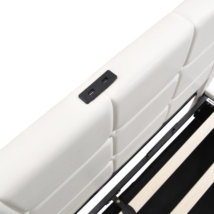 Queen Size Upholstered Bed with LED Lights Hydraulic Storage System and USB Charging Station White - Image 8