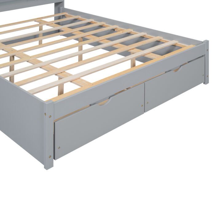 Queen Size Platform Bed with Storage Headboard and 2 Drawers, Gray - Image 16
