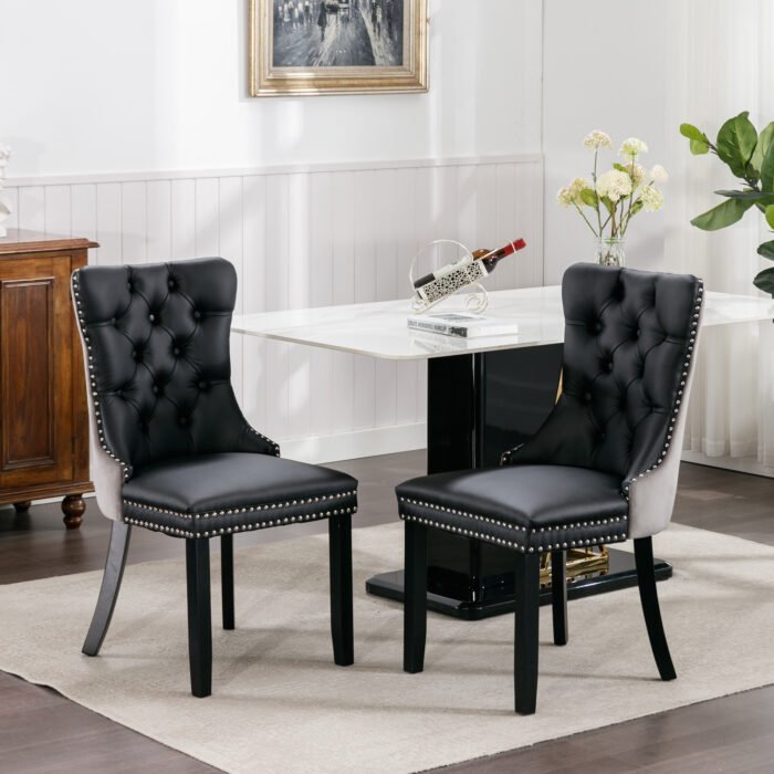 Tufted Solid Wood Contemporary PU and Velvet Upholstered Dining Chair (Set of 2) - Image 2