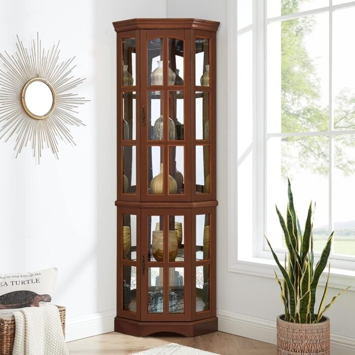 Corner Curio Cabinet with 5 Shelves and Lighting System, Walnut - Image 4
