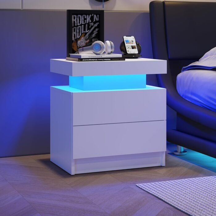Modern white Nightstand With 2 Storage Drawers and LED Lights - Image 3