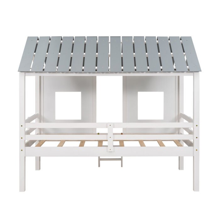 Twin Size Low Loft House Bed with Roof and Two Front Windows White - Image 3