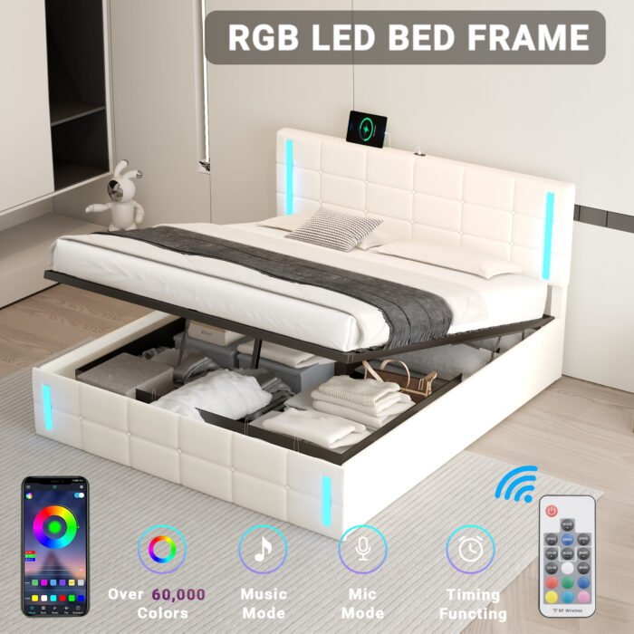 Queen Size Upholstered Bed with LED Lights Hydraulic Storage System and USB Charging Station White - Image 3