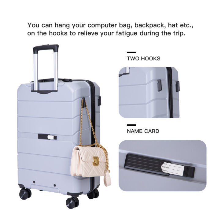 3 Piece Set Hardshell PP Luggage Sets Lightweight with TSA Lock (20/24/28) Silver - Image 3