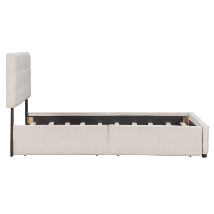 Queen Size Upholstered Platform Bed with Classic Linen Headboard and 4 Drawers - Image 7