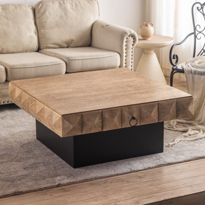 Three dimensional Embossed Wooden Pattern Square Retro Coffee Table - Image 3