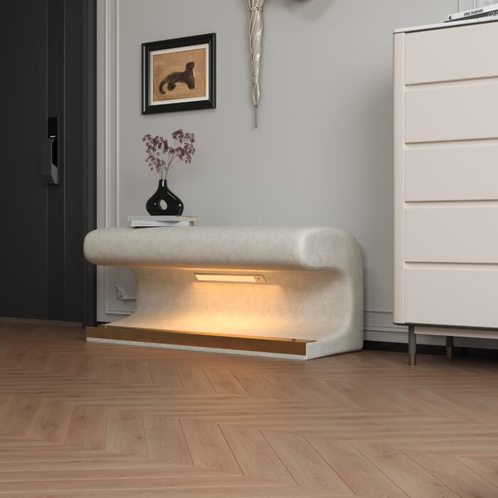 Entryway Leather Upholstered Ottoman with LED sensor light, Beige - Image 3