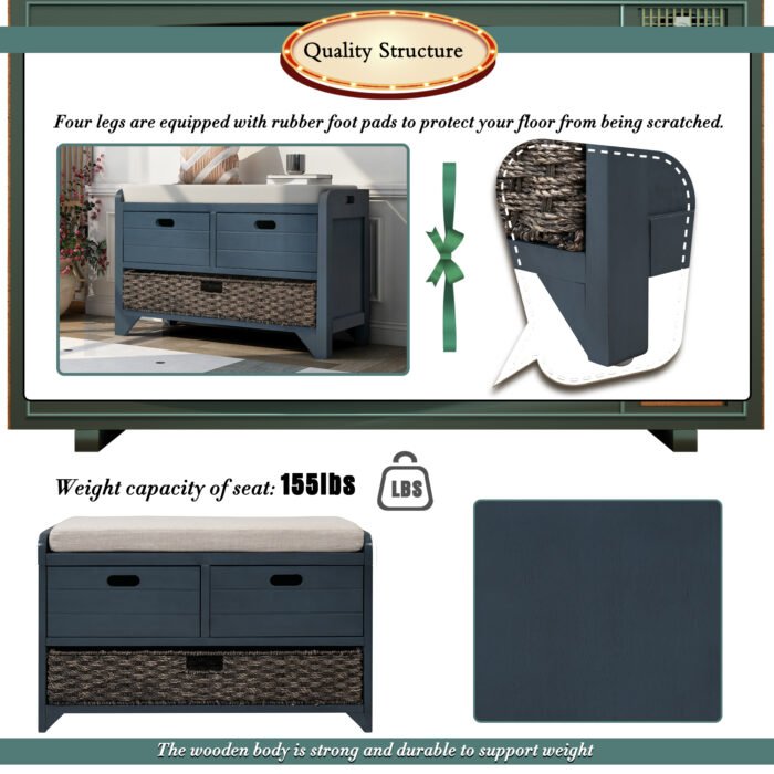 Storage Bench with Cushion, Removable Basket and 2 Drawers - Image 9