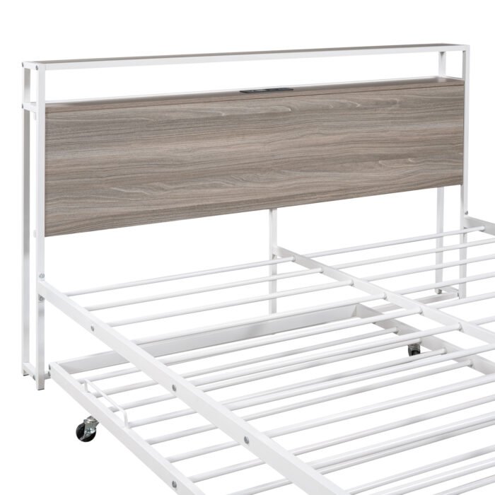 Queen Size Metal Platform Bed Frame with Trundle USB Ports and Slat Support - Image 10