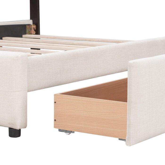 Queen Size Upholstered Platform Bed with Classic Linen Headboard and 4 Drawers - Image 10