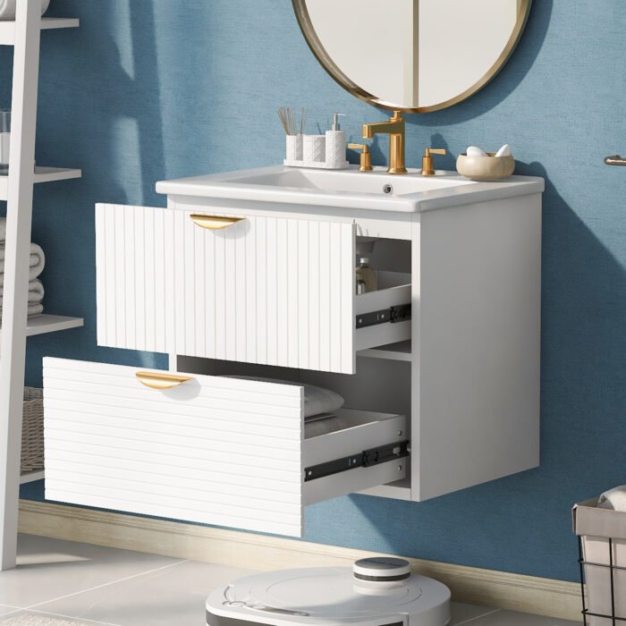 Wall Mounted Bathroom vanity with 2 Drawers, White - Image 10