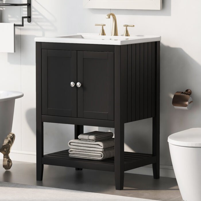 Bathroom Vanity Ceramic Sink with Solid Wood Frame - Image 3
