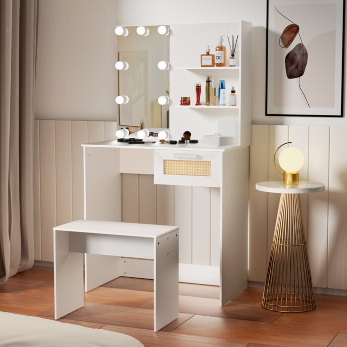 Vanity Desk Set with Stool and LED Lighting - Image 3