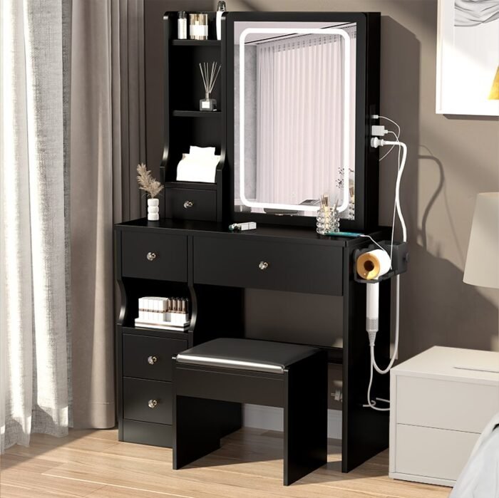Vanity with cushioned stool and LED mirror - Image 4