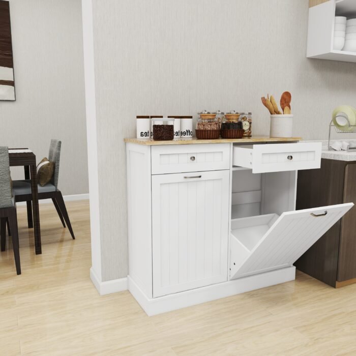 Kitchen Trash Cabinet, Two Drawers and Two-Compartment, White - Image 7