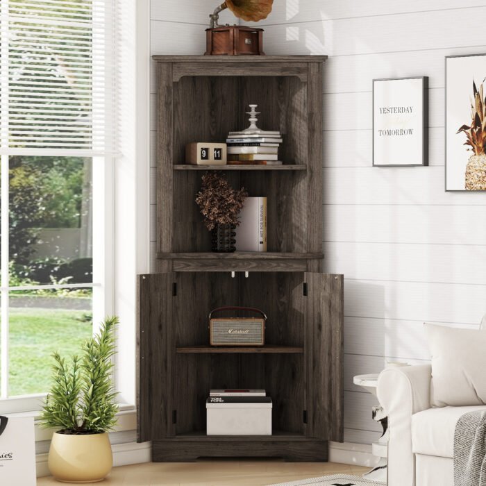 Corner Curio Cabinet with Doors for living room, Dark walnut - Image 2