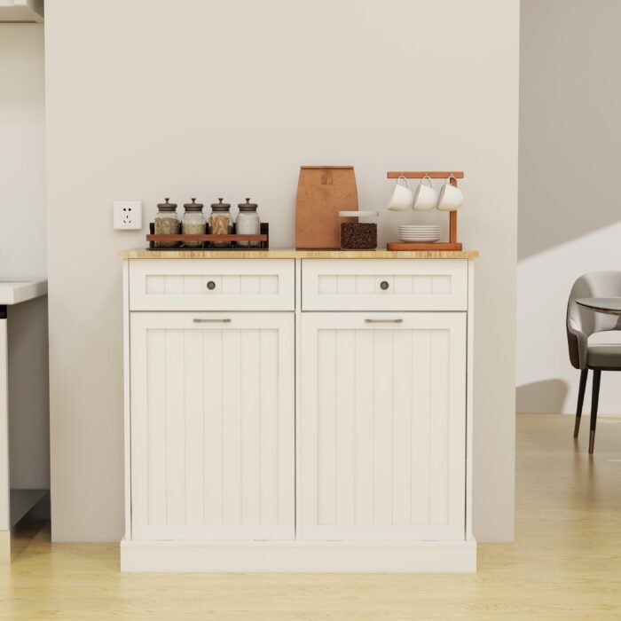 Kitchen Trash Cabinet, Two Drawers and Two-Compartment, White - Image 4