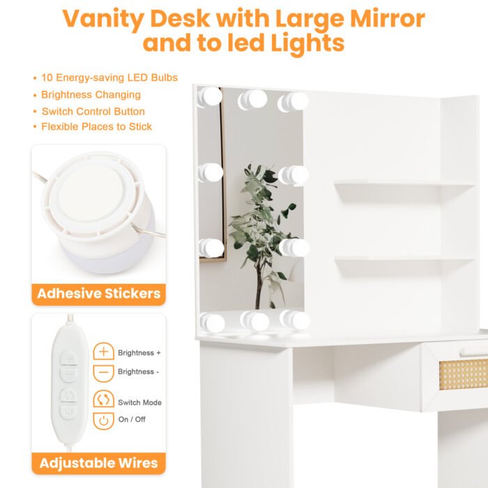 Vanity Desk Set with Stool and LED Lighting - Image 17