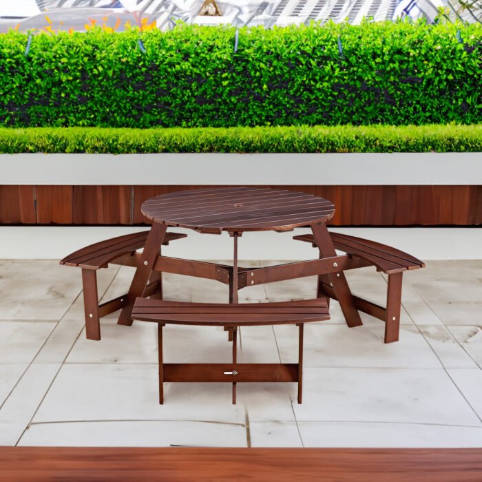 Circular picnic table with 3 benches and umbrella holes (6-person ) - Image 2