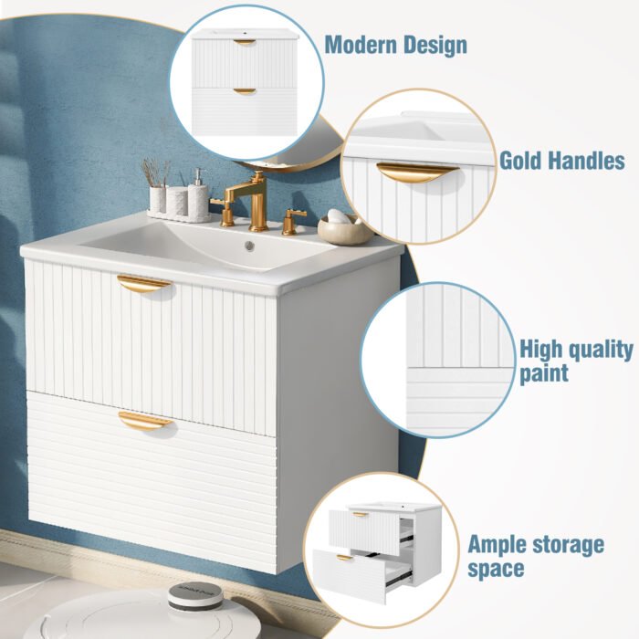 Wall Mounted Bathroom vanity with 2 Drawers, White - Image 11