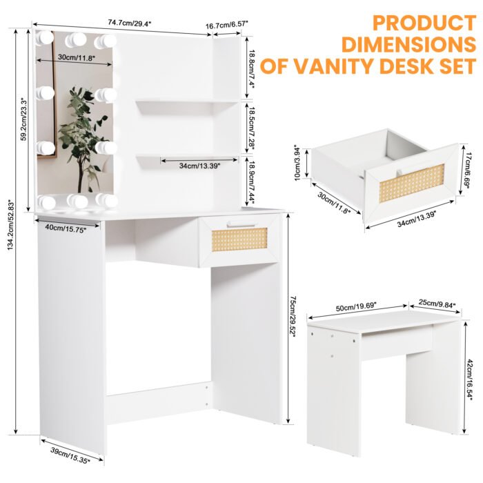 Vanity Desk Set with Stool and LED Lighting - Image 10