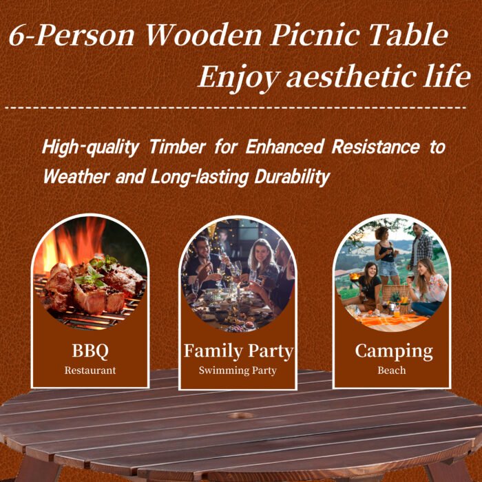 Circular picnic table with 3 benches and umbrella holes (6-person ) - Image 4