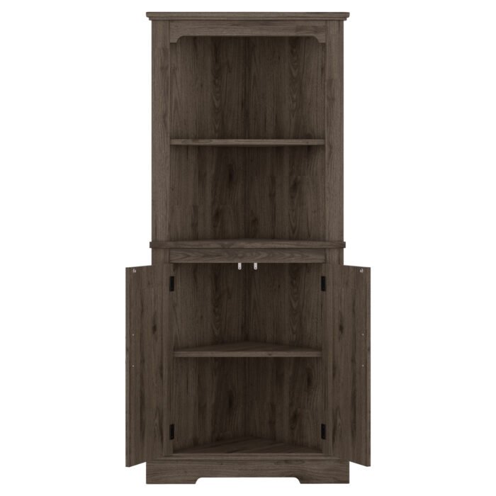 Corner Curio Cabinet with Doors for living room, Dark walnut - Image 6