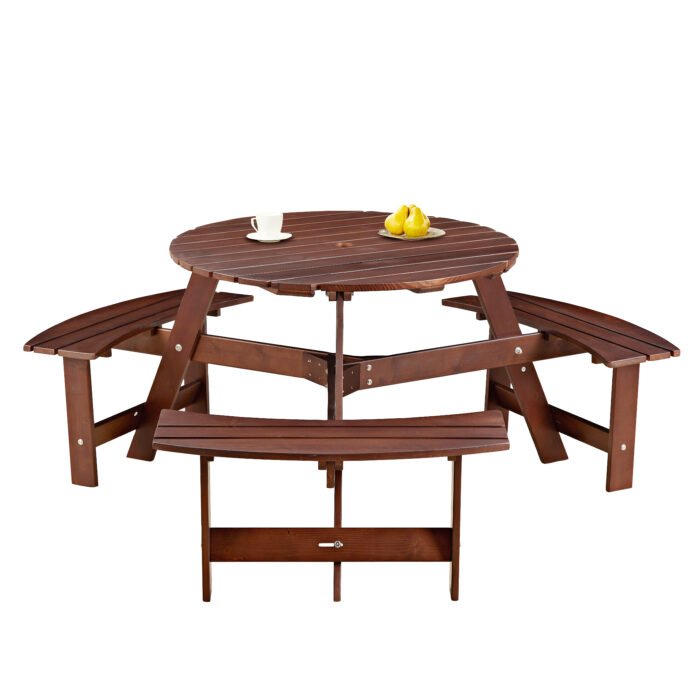 Circular picnic table with 3 benches and umbrella holes (6-person ) - Image 9