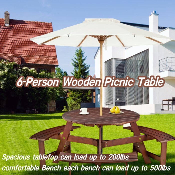 Circular picnic table with 3 benches and umbrella holes (6-person ) - Image 3