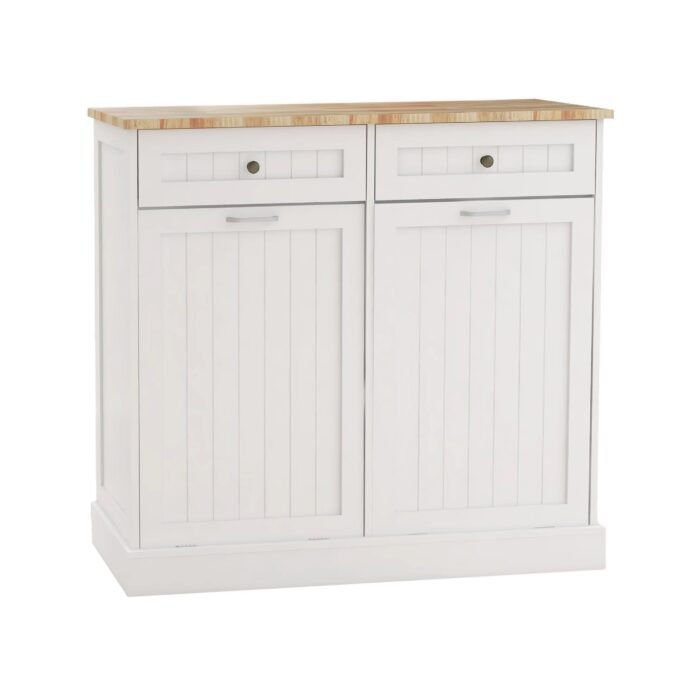 Kitchen Trash Cabinet, Two Drawers and Two-Compartment, White - Image 11