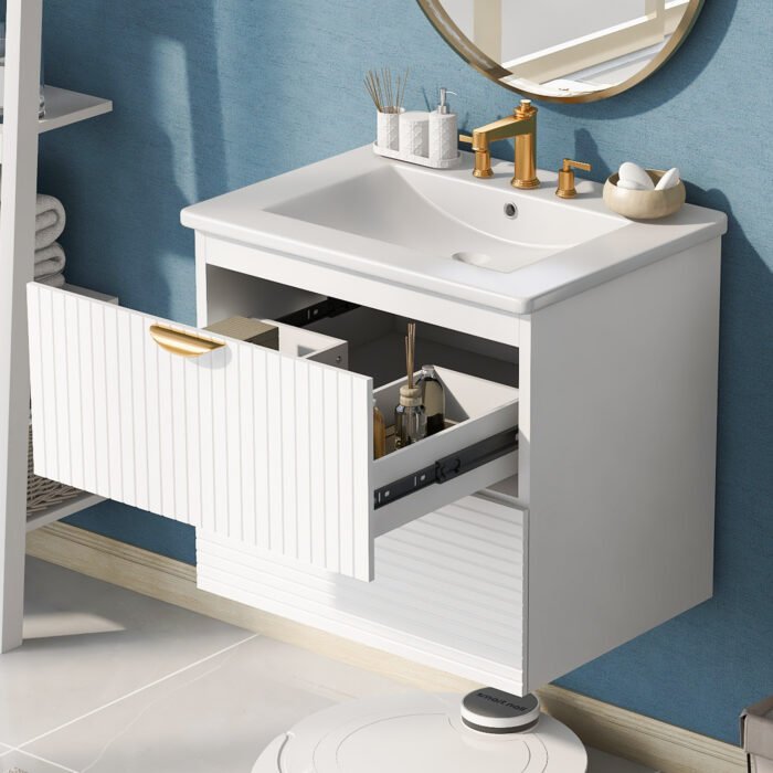Wall Mounted Bathroom vanity with 2 Drawers, White - Image 14
