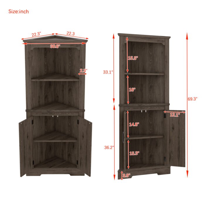 Corner Curio Cabinet with Doors for living room, Dark walnut - Image 3