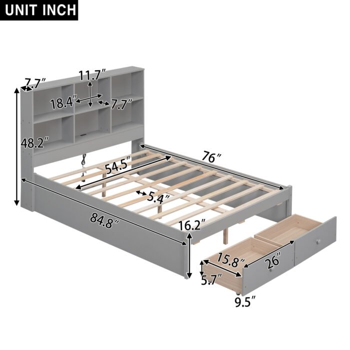 Full Size Platform Bed with Storage Headboard with 2 Drawers - Image 4