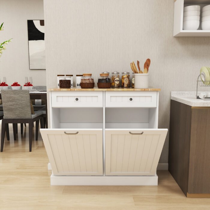 Kitchen Trash Cabinet, Two Drawers and Two-Compartment, White - Image 9