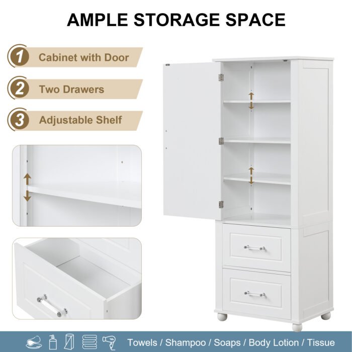 Tall bathroom cabinet with two drawers and adjustable shelves - Image 7